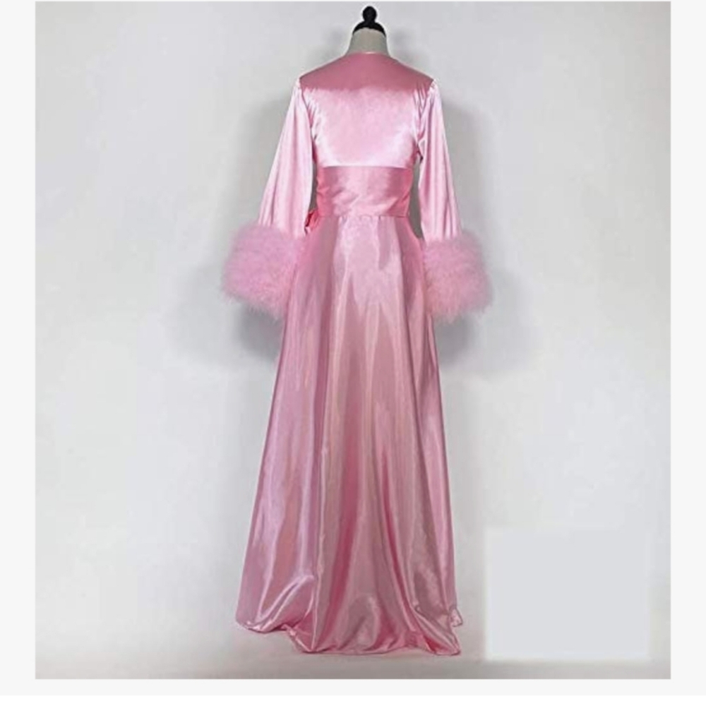 Luxurious Pink Satin Robe with Feather Trim - Picture 3 of 7